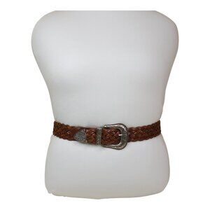 Brighton Brown Woven Leather Belt With Silver Buckle & Tip Small 39.5" Long
